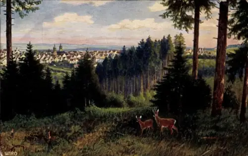 Ak Freudenstadt im Schwarzwald, Landschaft mit Rehen, Stadtansicht, Wald, Wiesen