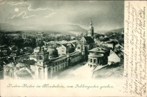 Ak Baden Baden am Schwarzwald, Gesamtansicht, Mondschein, Blick vom Schlossgarten