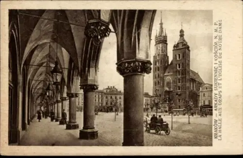 Ak Kraków Krakau Polen,  Arkaden, Kirche, Markt,  Architektur