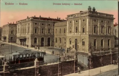 Ak Kraków Krakau Polen, Bahnhof, Straßenbahn