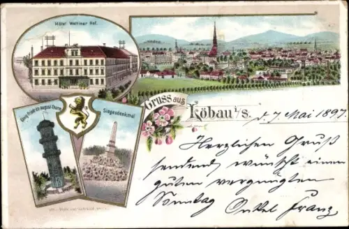 Litho Löbau in Sachsen, Siegesdenkmal, König Friedrich August Turm, Hotel Wettiner Hof, Totale