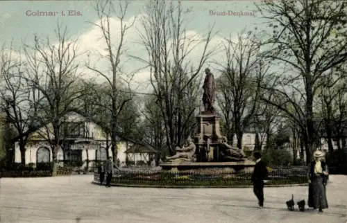 Ak Colmar Kolmar Elsass Haut Rhin, Bruat-Denkmal, Statue, Bäume, Park, Spaziergänger, Hund