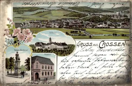 Litho Crossen an der Elster Thüringen, Gesamtansicht, Schloss, Postamt, Siegesdenkmal