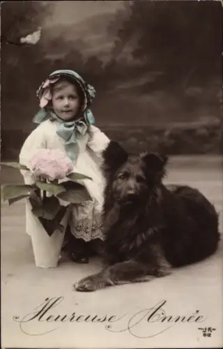 Ak Fröhliches Neujahr, Portrait, Mädchen mit Hund