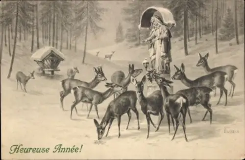Künstler Ak Munk, M., Frohes Neues Jahr, Rehe im Wald