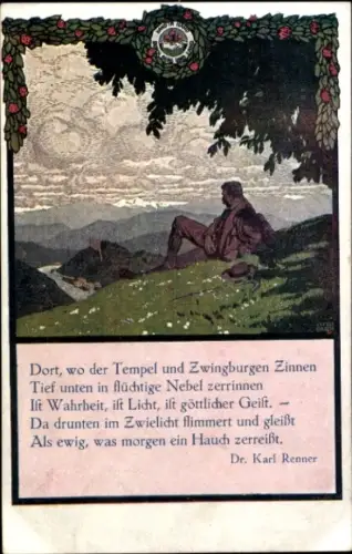 Künstler Ak Wanderer bei der Rast, Gedicht Dr. Karl Renner, Touristen-Verein Die Naturfreunde