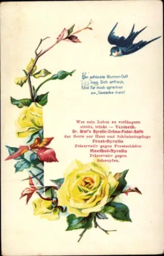 Litho Schwalbe, Rosen, Reklame Dr. Graf's Byrolin Creme Puder Seife, Frost-Byrolin, Menthol-Byrolin