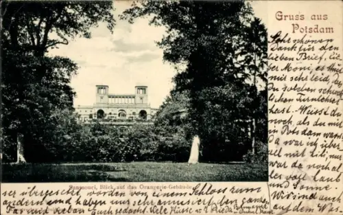Ak Potsdam Sanssouci, Orangerie-Gebäude,  Bäume, Gruß