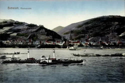 Ak Bacharach am Rhein,  Rheinansicht, Schiffe auf dem Rhein, Landschaft im Hintergrund