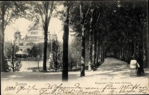 Ak Schnoor Bremen,  Bürgerpark, Allee beim Parkhaus, Bäume, Weg, Parkhaus