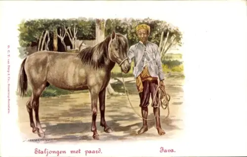 Künstler Ak Java Indonesien, Staljongen met paard