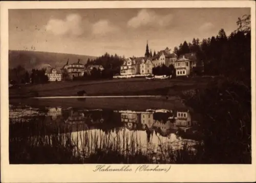 Ak Hahnenklee Bockswiese Goslar im Harz,  Oberharz, Häuser am See, Spiegelung im Wasser