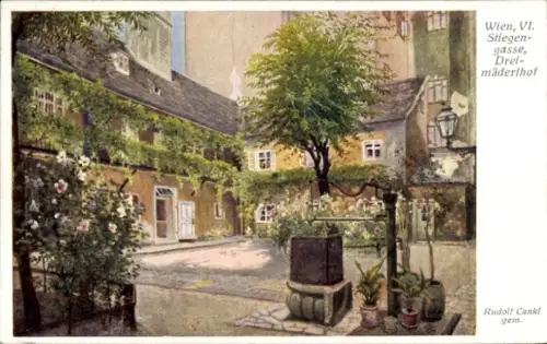 Ak Wien 1 Innere Stadt, Malerei eines Innenhofs, Blumen, Brunnen,  Gebäude