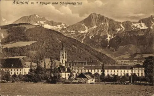 Ak Admont Steiermark,  Pyrgas, Scheiblingstein, Berge, Kirche