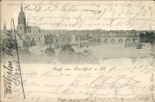 Ak Frankfurt am Main, Panorama von Frankfurt, Fluss, Brücke, Text auf Deutsch