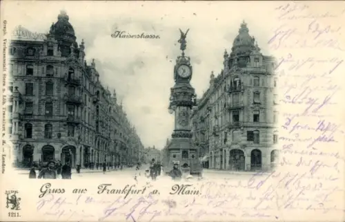 Ak Frankfurt am Main, Kaiserstraße,   Gebäude, Uhrturm, Menschen auf der Straße