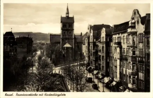 Ak Kassel in Hessen,  Rosenkranzkirche, Hindenburgplatz, Stadtansicht