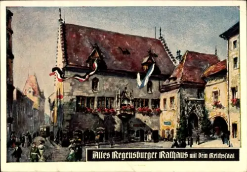 Künstler Ak Regensburg an der Donau Oberpfalz, Altes Rathaus mit Reichssaal, Fahnen