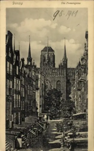 Ak Gdańsk Danzig,  Die Frauengasse,  Gebäude, Bäume, Marktstände