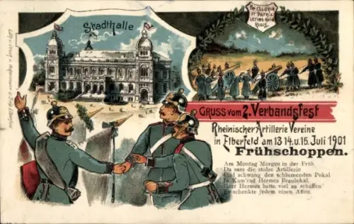 Litho Elberfeld Wuppertal, 2. Verbandsfest Rheinischer Artillerie-Vereine 1901, Stadthalle