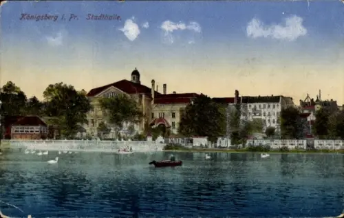 Ak Kaliningrad Königsberg Ostpreußen, Königsberg i. Pr. Stadthalle, Wasser, Boote, Schwäne