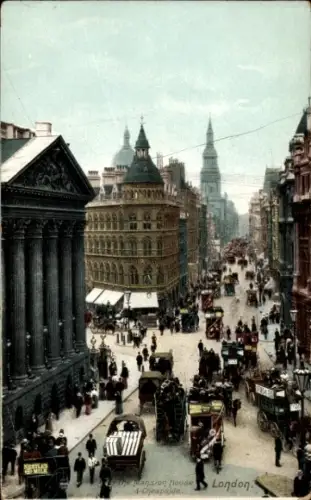 Ak Billingsgate London England, Mansion House, Cheapside,   Straßenansicht, Menschen, Kutschen