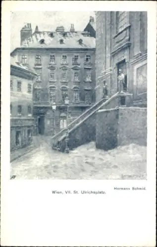 Künstler Ak Schmid, Hermann, Wien 7 Neubau, St. Ulrichsplatz, Autogramm