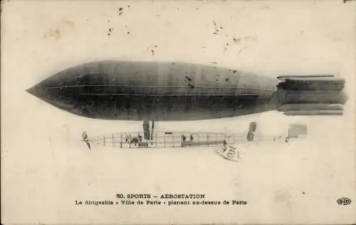 Ak Zeppelin, dirigeable Ville de Paris, planant au dessus de Paris
