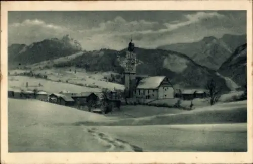 Ak Pfronten, Pfarrkirche St. Nikolaus, Winteransicht