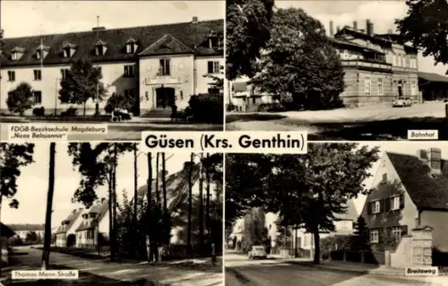 Ak Güsen Elbe Parey in Sachsen Anhalt, FDGB-Bezirksschule Magdeburg, Bahnhof, Thomas-Mann-Straße
