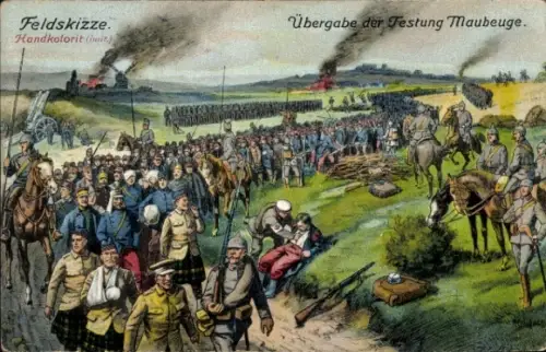 Künstler Ak Maubeuge Nord, Übergabe der Festung, Kriegsgefangene Franzosen, I. WK