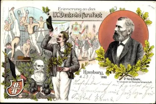 Litho Hamburg Mitte Altstadt, IX Deutsches Turnfest 1898, Vorsitzender Dr Ferdinand Goetz