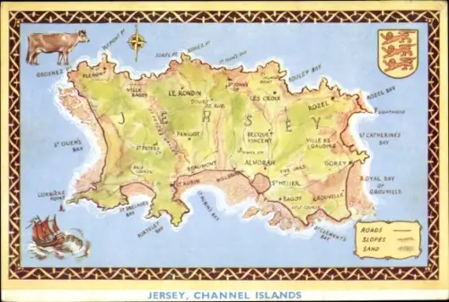 Landkarten Ak Kanalinsel Jersey, Wappen, Le Rondin, Rozel, Les Croux, St. Peters