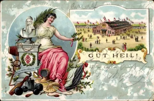 Litho Gut Heil, Turnfest, Festhalle, Büste Turnvater Jahn