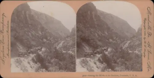 Stereo Foto Colorado USA, Weg in den Rocky Mountains, Fuhrwerke, Keystone View Company