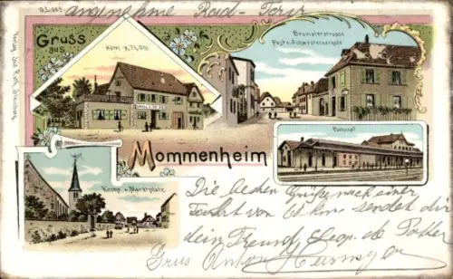 Litho Mommenheim Elsass Bas Rhin, Bahnhof, Kirche, Marktplatz