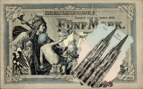 Geldschein Ak Köln am Rhein, Dom Westseite, Fünf Mark