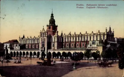 Ak Kraków Krakau Polen,  Tuchhallen, Markt, Menschen, Pferde,  Architektur
