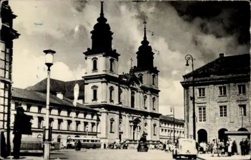 Ak Warszawa Warschau Polen, Kirche, Menschen, Autos, Straßenlaterne, Wolken