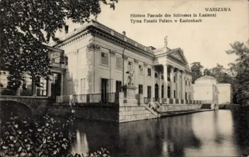 Ak Wilanów Warszawa Warschau Polen, Hintere Fassade des Schlosses in Łazienki, Wasser, Bäume