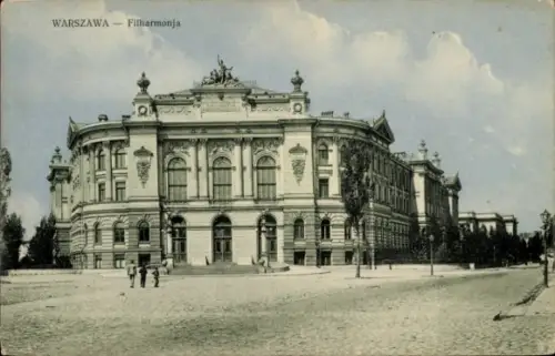 Ak Warszawa Warschau Polen, WARSZAWA, Filharmonja, Gebäude, Menschen, Bäume