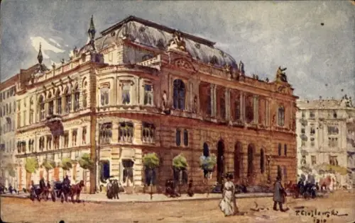 Ak Warszawa Warschau Polen, Wasserfarbenbild eines Gebäudes, Menschen auf der Straße, Bäume, Pfer