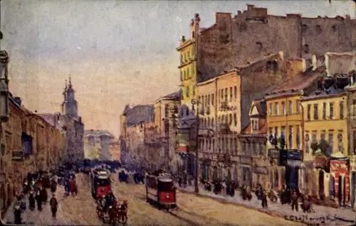 Ak Warszawa Warschau Polen, Straße mit Pferdebahnen, Menschenmenge, Gebäude, Stadtansicht