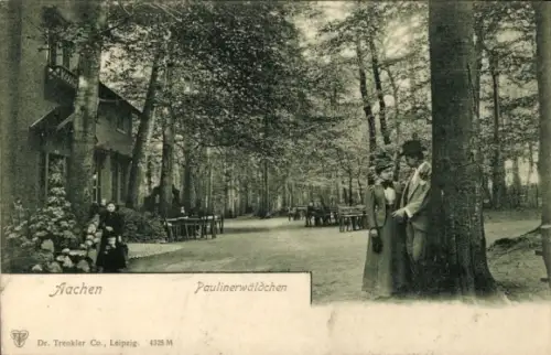 Ak Aachen,  Paulinerwäldchen, Bäume, Personen, Tische im Freien
