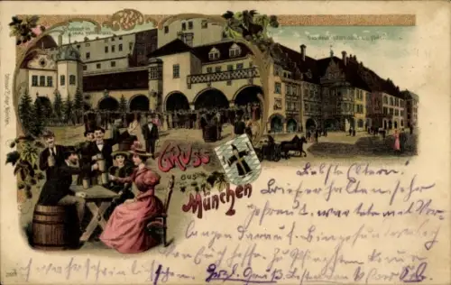 Litho München, Hofbräuhaus, Innenhof, Wappen, Münchner Kindl