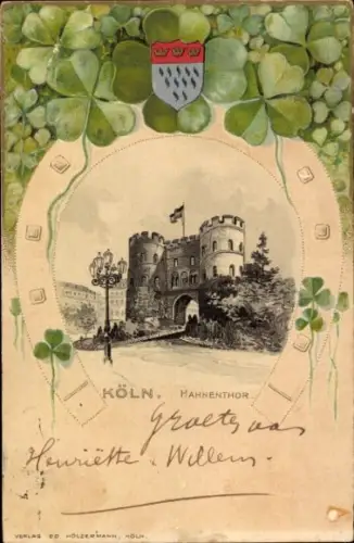 Präge Wappen Passepartout Litho Köln am Rhein, Hahnentor