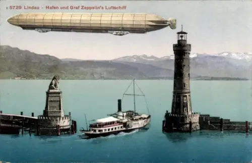 Ak Lindau am Bodensee Schwaben, Zeppelin, Hafen, Leuchtturm, Salondampfer