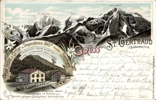 Litho Sulden Solda Stilfs Stelvio Südtirol, St. Gertraud, Post Hotel zum Ortler, Bergpanorama