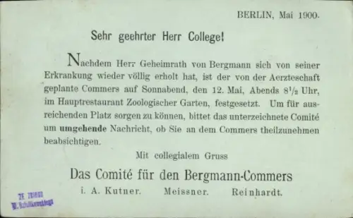 Ak Berlin, Korrespondenz Comité für den Bergmann-Commers, Kutner, Meissner, Reinhardt