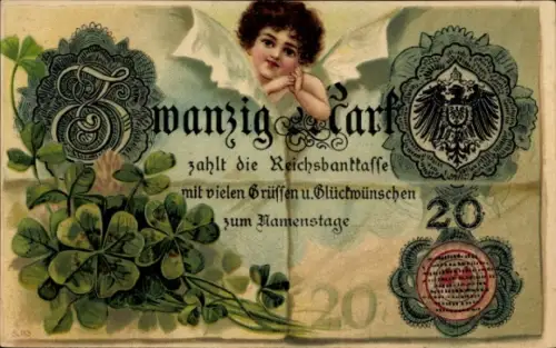 Ak Geldschein, Zwanzig Mark, Glücksklee, Wappen. Adler